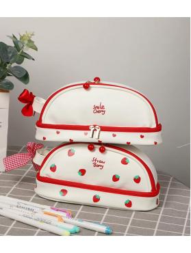 Çift Katmanlı Taşınabilir Çilek Desenli Kalem Çantası Kawaii Kalem Kutuları