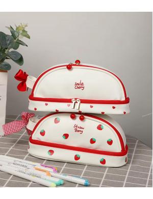 Çift Katmanlı Taşınabilir Çilek Desenli Kalem Çantası Kawaii Kalem Kutuları