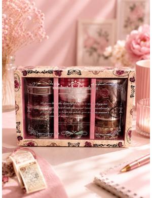 Pembe Çiçek Tasarımlı Washi Tape Desenli Bant Seti 