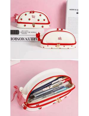 Çift Katmanlı Taşınabilir Çilek Desenli Kalem Çantası Kawaii Kalem Kutuları