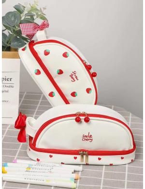 Çift Katmanlı Taşınabilir Çilek Desenli Kalem Çantası Kawaii Kalem Kutuları